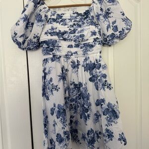 White Puff Sleeve Floral Sundress with Blue Rose Print